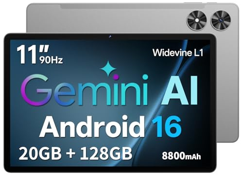 Tablet 11 Zoll mit Hülle, Android 16 System mit Gemini AI, 20GB RAM + 128GB ROM (erweiterbar auf 1TB), 90Hz Display, Unisoc T7250 Octa Core, 13MP + 8MP Kamera, Face ID, Widevine L1, 8800mAh, GPS
