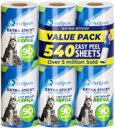 PetLovers Extra klebrige Fusselrolle Mega Value Set 450 Blatt für die Tierhaarentfernung, Hunde- und Katzenfusselentfernung 6 Nachfüllungen