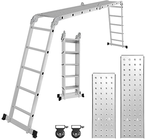 Yakimz Aluminium Mehrzweckleiter 4x5M Aluminium Multifunktionsleiter Leiter 580cm Klappleiter 16 Stufen Gelenkleiter Stehleiter Aluleiter, mit 2 Gerüstplatten und 2 Rollen