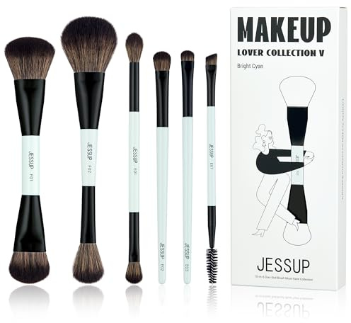 Jessup Pinselset Makeup Set, 6tlgs Make Up Pinsel, 10-in-6 Duo-End Must-have Kollektion, Foundation Puder Lidschatten Kontur Eyeliner Highlighter Rouge helles Zyan T501
