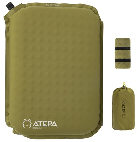 ATEPA Sitzkissen Outdoor, Aufblasbares Sitzkissen, Oliv | 5 cm Selbstaufblasendes Sitzpolster aus Schaumstoff, Kompaktes Kissen für Stadion, Flugzeug, Camping, Wandern, Outdoor-Sport