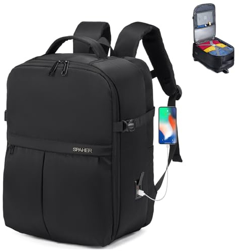 SPAHER Reiserucksack Handgepäck 40x30x25 Eurowings Laptop Rucksack 15,6 Zoll mit Laptopfach Business Arbeit Reisen Rucksack Herren Schulrucksack für Teenager Notebook College Damen Schwarz