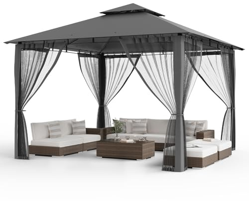 Amopatio 3.4x3.4M Garten Pavillon Wasserdicht Stabil Winterfest, Doppeldach Gartenpavillon mit Moskitonetz, Deluxe Patio Gazebo Wetterfest, Partyzelt Gartenlaube Metall für Pool Seite, Terrasse, Grau