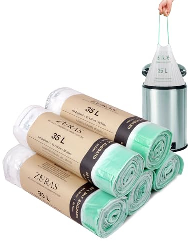 ZURAS® Biomüllbeutel 35L, 100 Stk., kompostierbar, mit Zugband | kompostfähig, biologisch abbaubar, reißfest und wasserdicht, DIN EN 13432 zertifiziert und geprüft