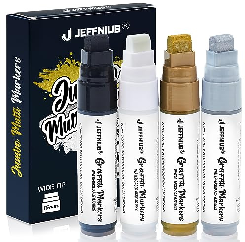 JEFFNIUB 4 Acrylstifte Weiß Schwarz Silber Gold Acrylmarker Breit Spitze | 3in1 Multi-Line 5-15mm Spitze Wasserfest Acrylstifte für Steine, Glas, Metall, Holz, Halloween Kürbis Basteln Bemalen