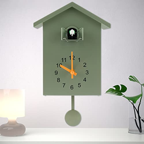 Minimalistische Kuckucksuhr Mit Pendel - Zarte Vogelhaus Wanduhr Mit Chimer, Batteriebetrieben für Wandkunst, Zuhause, Wohnzimmer, Küche, Büro Dekoration (Grün)