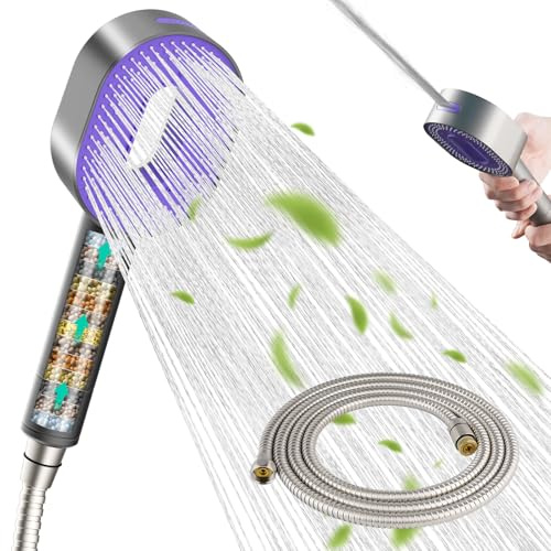 Hibbent Wasserfilter Duschkopf mit 20 Stufen Filter, Violettes Paneel | 3 Sprühstrahl Modi Hochdruck-Duschkopf und 1,5m Schlauch, Handheld-Massage-Dusche Filter für Restchlor Entfernen