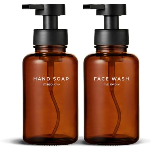 MaisoNovo Glas Schaumseifenspender 2er Set – 400 ml, Bernstein Seifenspender Schaum mit Schwarz Pumpen, Wasserfesten Etiketten