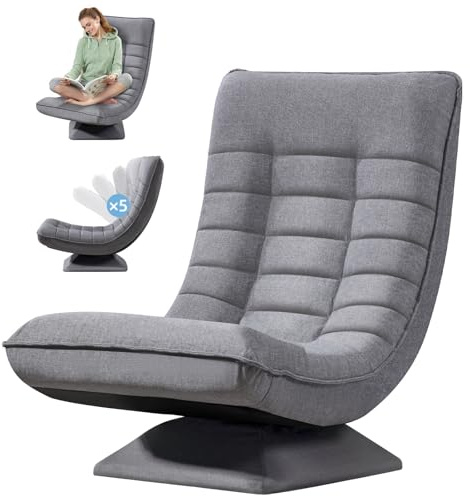 Asukale Bodenstuhl verstellbare Rückenlehne, 360° Drehbar Klappbar 150kg Gepolstert, Gaming Sessel Wohnzimmer Relaxsessel, Atmungsaktive Leinen Fernsehsessel, Lesesessel, Bodensessel, Grau