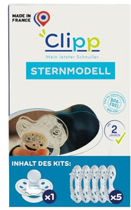CLIPP Set – Entwöhnungsschnuller Sterne + 5 Entwöhnungsschilde zur schrittweisen Abgewöhnung + Gebrauchsanweisung – Spielerisch, einfach & sanft – Patentiert – Entworfen in Frankreich – Ab 2
