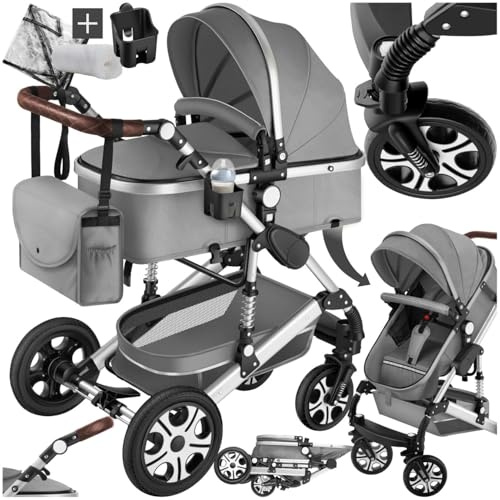 tectake® 2 in 1 Kinderwagen, klappbarer Kinderwagen Buggy mit Liegefunktion, Fußsack, Getränkehalter, herausnehmbarer Babywanne und Regenschutz - Grau