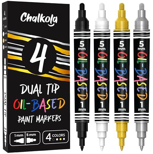 Chalkola 4 Ölbasierte Lackstifte – Dualspitze (1mm + 5mm) – Permanent-Marker, Lackmarker, Lackstift, Ölstift, Speedpaint Marker – Weiß, Schwarz, Gold & Silber Für Metall, Reifen, Stoff, Holz