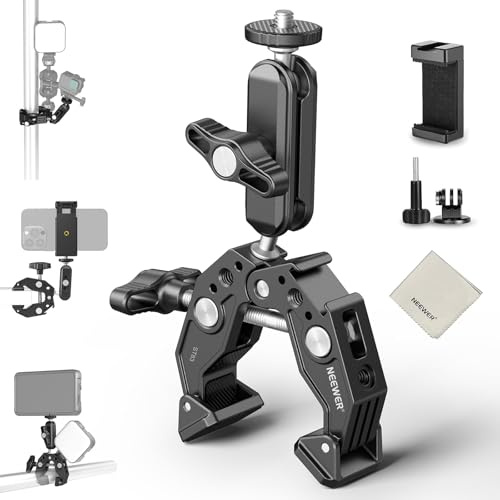 NEEWER Super Clamp Magic Arm Kamerahalterung mit Handyhalterung Action Kamera Adapter Kugelköpfe 1/4" Gewinde Cold Shoe Reinigungstuch Kompatibel mit SmallRig GoPro für Tischstativ Gimbal Stange, ST83