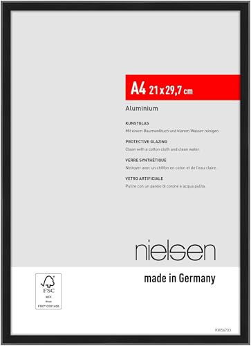 nielsen Aluminium Bilderrahmen Atlanta, 21 x 29,7 cm (A4), Schwarz | Aluminium Dokumentenrahmen im Hoch- & Querformat zum Aufhängen Schwarz matt bruchsicheres Kunstglas