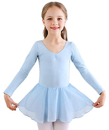 Bezioner Kinder Ballettkleidung Mädchen Ballettkleid Langarm Balletttrikot Ballettanzug Tanzkleid Tanzbody aus Baumwolle mit Chiffon Rock Tütü Blau 110