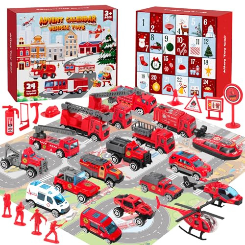 Adventskalender 2025 Kinder Auto,24 Weihnachtskalender Jungen Spielzeug mit 18 Feuerwehrauto und Zubehör,Adventskalender Befüllen Fahrzeug ab 3 4 5 6 7 8 9 10 11 Jahre,Christmas Advent Geschenke