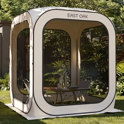 East Oak Pop Up Zelt 2-3 Personen, Pavillon für Camping, Garten, Terrasse, Wurfzelt, Familienzelt Stehhöhe, Stoffe Wasserdicht, UPF 50+ UV Schutz, 360° Belüftung, Anti Moskito, mit Tragetasche, Beige