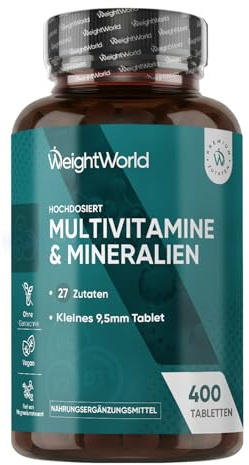Multivitamin Tabletten - 400 vegane Tabletten - 27 Zutaten - Laborgeprüft - Mit Vitamin B Komplex, Vitamin C, Magnesium, Kalium - 13+ Monate Vorrat - Frei von Magnesiumstearat & Gluten - WeightWorld