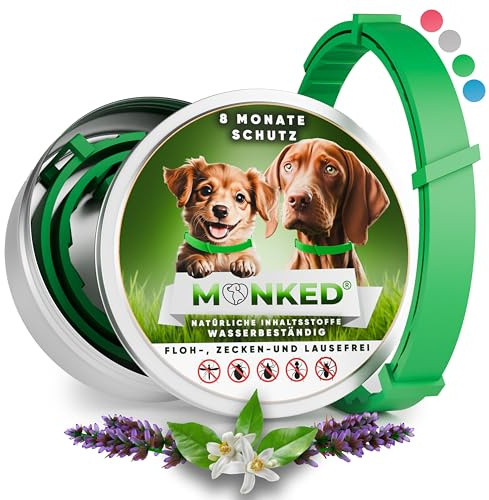 Monked | Natürliches Halsband für Hunde ohne Chemie | Verstellbar für kleine & große Tiere | Bis zu 8 Monate Schutz | Anti-Zecken & Flohschutz | Langanhaltender Zeckenschutz Hund [Grün]
