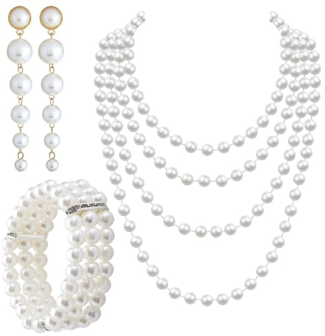 3 Stück Perlen Schmuck Set für Damen, Perlenkette, Perlen Set mit langen Kunststoffperlen Ohrringen, 3 Reihiges Stretch Perlenarmband, 1920er Perlenkette für Party Hochzeit Karneval Halloween