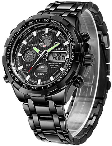 Affute Armbanduhr für Herren, Schwerer Chronograph aus Edelstahl, wasserdicht, mit Datums- und Alarmfunktion, Analog-/Digitalanzeige