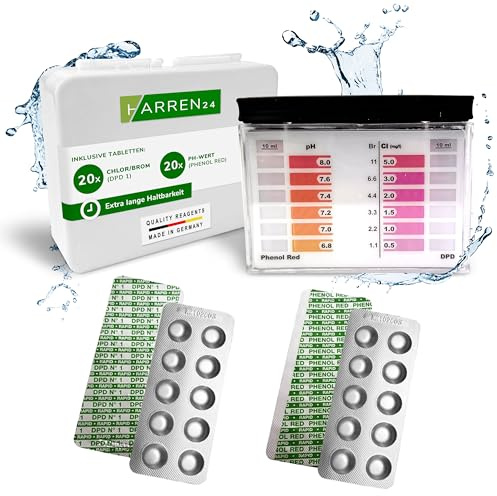 harren24 Pool Tester pH und Chlor inkl. 40 Pool Testtabletten Chlor und pH-Wert (20 Phenol Red Tabletten + 20 DPD1 Tabletten), Pool Wassertester, Pooltester, PH Tester, Pool Zubehör (40)