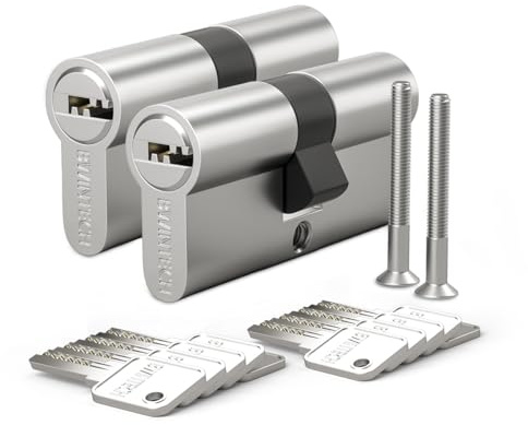 Bwintech 2 Stück 30/30mm Euro Messingzylinder, 60mm Schlüssel/Schlüsselzylinderschloss mit 10 horizontalen Messingschlüsseln,Anti Picking,Anti Bohr,Anti Snap,Anti Bumping, Satin Nickel Finish