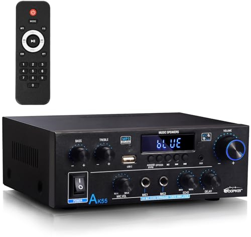 Stereo Verstärker - WOOPKER AK55 HiFi Verstärker Stereo Receiver 600W, 2.0 Kanal Bluetooth Verstärker mit w/UKW-Radio, Opt/AUX/RCA/USB, 2 Mic Eingänge für Lautsprecher