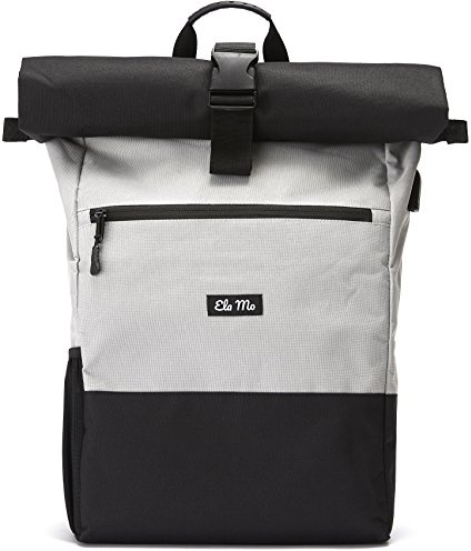Ela Mo® Rolltop Rucksack Damen - Rollrucksack Anti Diebstahl für Sport & Reisen - Laptoprucksack für Schule, Uni, Business - Mit USB Anschluss & kompaktem Flaschenhalter - Grau