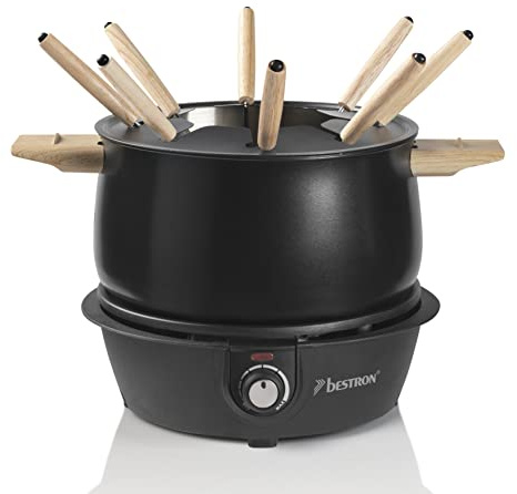 Bestron elektrisches Fondue Set für bis zu 8 Personen, mit 8x Fonduegabeln & stufenlosen Thermostat, inkl. Spritzschutz, Farbe: Schwarz/Holz