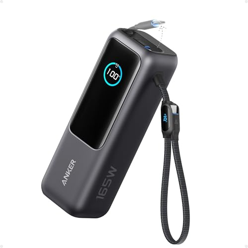 Anker 165W 25000 mAh Laptop Powerbank, Ladegerät mit 70cm ausziehbarem Kabel & Trageband, 3 USB-C Ports für Laden mehrerer Geräte, Für MacBook Pro, iPhone 17/16/15, Samsung und mehr (flugzeugtauglich)