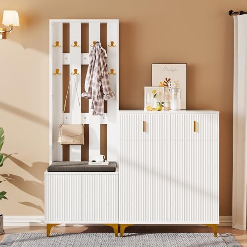 Oslghy Garderobenset Wandgarderobe, Garderoben Set mit Schuhbank und Kissen, Schuhschrank Flurgarderobe Set mit Haken Schubladen und Türen, Kompaktgarderobe für Flurmöbel, 143,2x180,5x35,2cm (Weiß)