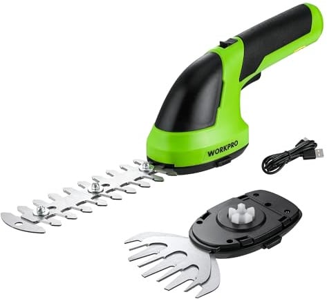WORKPRO Gartenschere Akku 7,2V Grün, Handliche Grasschere Elektrisch mit 2 Messern 2.000mAh Akku und Typ C Kabel, 2 in 1 Heckenschere mit Schnittbreite 10cm, Schnittlänge 15cm