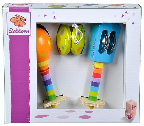 Eichhorn 100003484 Musik Set enthält Rassel, Maracas und Kastagnette, Bunte Musikinstrumente aus Holz, 3 teilig, ab einem Jahr