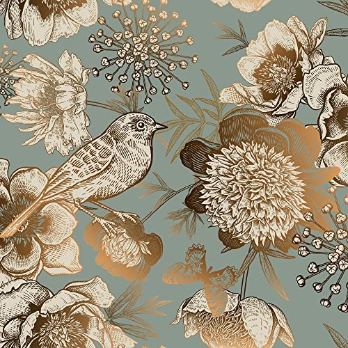 ReWallpaper 44.5CM X 7M Fototapete Blumen Vintage Selbstklebende Tapete Grün Gold Blumentapete Selbstklebend Tapete Türkis Gold Mit Vögeln und Blumen Klebetapete Wand Klebefolie Möbel Muster Folie