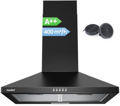 COMFEE' Dunstabzugshaube 60cm Umluft & Abluft A++ 400m³/h CH60A17EM400B | Drucktaste, Höhenverstellbar, 5 Schichten Waschbarer Fettfilter, LED-Beleuchtung, Wandhaube mit Aktivkohlefilter, Schwarz
