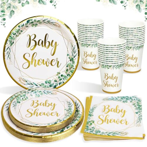 Heboland Babyparty Deko Neutral Partygeschirr Set für 25 Personen, 100 Stück Grün Gold wiederverwendbare Karton Pappteller Becher Servietten für Baby Shower Junge Mädchen