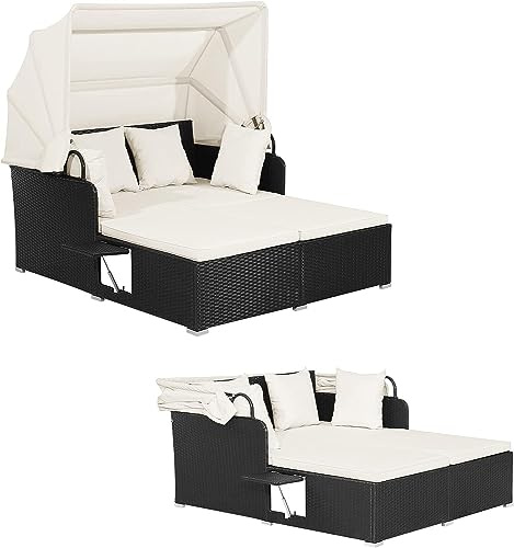 GIANTEX Sonneninsel Sonnenliege Set Rattan, Gartenliege 2 Personen mit faltbarem Sonnendach, Doppelliege Liegeinsel mit klappbaren Tablett & Kissen, Gartenlounge Gartenmuschel Daybed Outdoor (Beige)