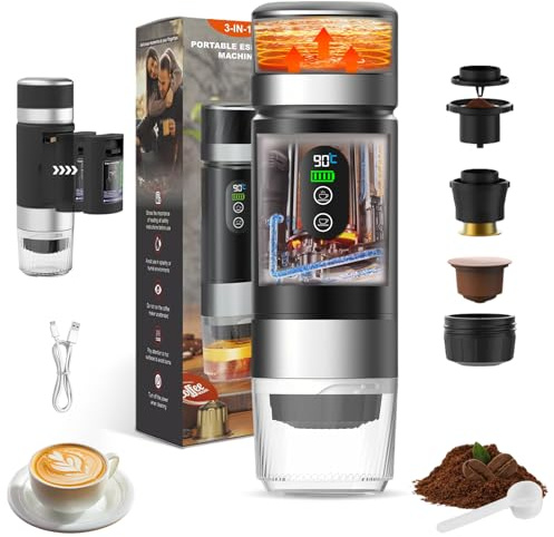 Trywise Tragbare espressomaschine Kaffeemaschine, 3-in-1 Reisekaffeemaschine, Elektrische Heizung, Wiederaufladbare 12V Kaffeemaschine, Kompatibel mit Espressokapseln und gemahlenem Kaffee (Schwarz)