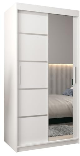 MEBLE KRYSPOL Kleiderschrank mit Spiegel Verona 2 - Garderobenschrank - Schrank Schlafzimmer - Mehrzweckschrank Zwei Schiebetüren - Regalen - Flur Möbel - Kleiderstange Schrank - Allzweckschrank