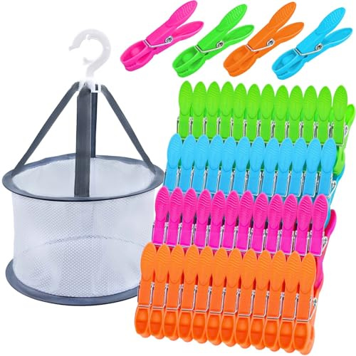 KEYBOO Wäscheklammern mit Wäscheklammern Korb, Windfeste Wäscheklammer Ohne Abdruck, Atmungsaktives Mesh Klammerkorb für Wäscheleinen, Kleidung, Socken und Campin（48 Stück ）