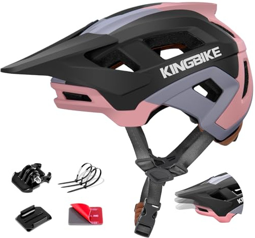 KINGBIKE E-Bike-Helm NTA-8776 Zertifiziert Mountainbike-Helm mit Action-Kamera-Halterung & 3-stufig verstellbarem Visier MTB-Fahrradhelm für Erwachsene Herren Damen (Grau rosa, M)