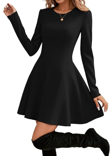 Hotouch Damen Kleider Elegant Langarm Herbst Kleid Rundhals A-Line Einfarbig Freizeitkleider Minikleid Festliches Kleid Schawrz S