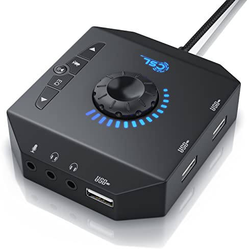 CSL - USB Soundkarte extern - Soundkarte mit Lautstärkeregelung USB Hub - Anschluss für Headset Kopfhörer Mikrofon - Equalizer - Steuerung eines Audioplayers - schwarz