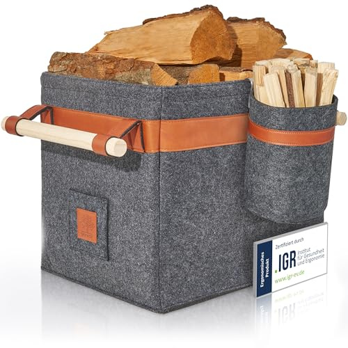 OAKAGE® Holzkorb für Kaminholz Groß mit Zündholzkorb [Integrierter Metallrahmen für Zusatzstabilität] Kaminholzkorb Feuerholzkorb Brennholzkorb Kaminkorb Filzkorb | Korb Dunkelgrau