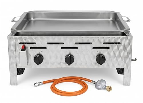 BSR-Grillen 3-Brenner Gasgrill 11 kW, Edelstahl, Stahlgrillpfanne | Made in Germany, 3 stufenlos regelbare Brenner, 50 mbar, Piezozündung, inkl. Gasschlauch und Druckminderer, für Gastronomie
