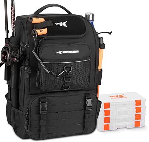 KastKing KarryAll Angelrucksack mit Rutenhalter 4 Tackle Boxen, 40/26L | Angeltasche zur Aufbewahrung von Angelausrüstung und Ausrüstung, wasserabweisendes Material, Angelgeschenk für Männer