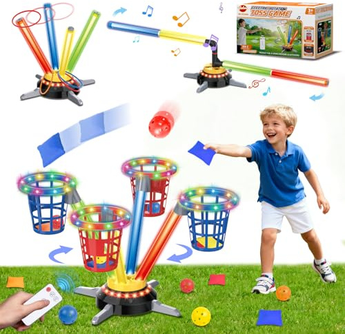 VATOS 3-in-1 Bohnensack- & Ringwurf-Spiel, Musikalische Sprünge für Kinder, Elektrische Drehbasis mit Fernbedienung, Lichter, 12 Sandsäcke, 12 Wurfringe, 12 Bälle, Indoor-Outdoor-Gartenspielzeug