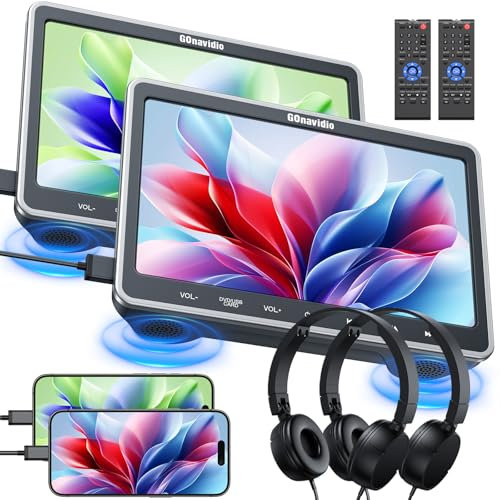 GOnavidio 10,5 DVD Player Auto 2 Bildschirme, Tragbarer Auto DVD-Player mit HDMI-Eingang, Slot-Loading-Disc, 2 Kopfhörer und Kopfstützenhalterung, Unterstützt Letzter Speicher, USB/TF-Karte