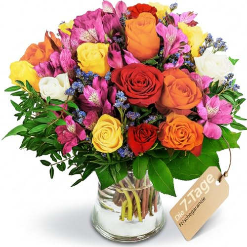 Blumenstrauß Farbtraum, Bunter mit Rosen, Inkalilien und Statice, 7-Tage-Frischegarantie, Qualität vom Floristen, handgebunden, perfekte Geschenkidee